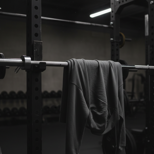 Blank hoodie draped over barbell in hard gym light—Beginner PPL guide header.