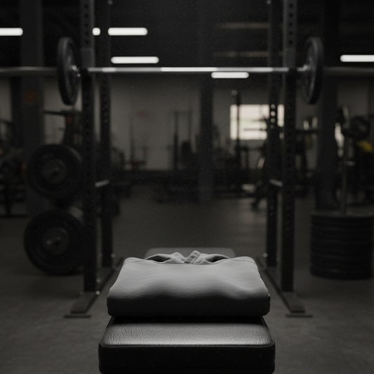 Blank pump cover hoodie folded on gym bench with chalk dust in hard light.