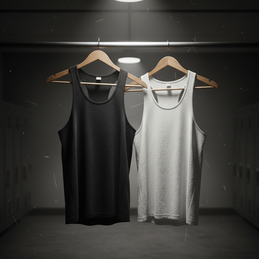 Blank stringer and blank tank on hangers under hard gym light—fit guide header.
