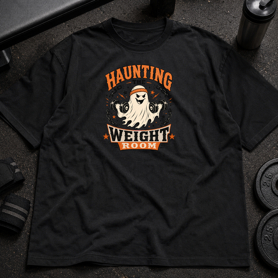 Haunting the Weight Room Tee spooky gym shirt with ghost lifting dumbbells