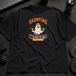 Haunting the Weight Room Tee spooky gym shirt with ghost lifting dumbbells