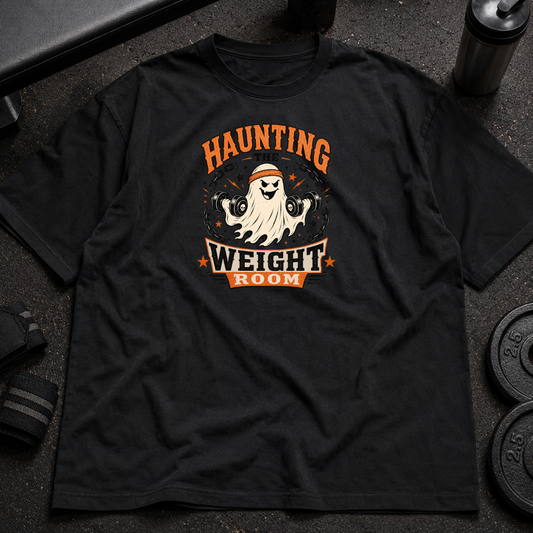 Haunting the Weight Room Tee spooky gym shirt with ghost lifting dumbbells