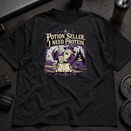 Potion Seller I Need Protein Tee medieval gym shirt with wizard design