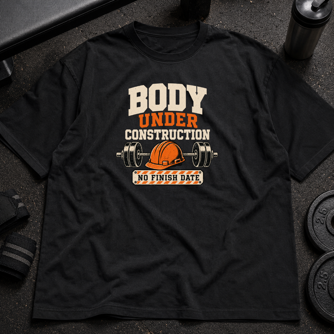 Body Under Construction Tee funny gym shirt with barbell and hard hat design
