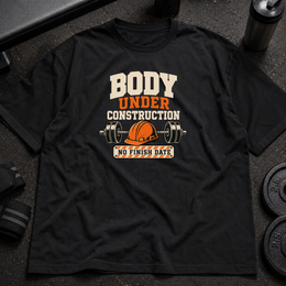 Body Under Construction Tee funny gym shirt with barbell and hard hat design