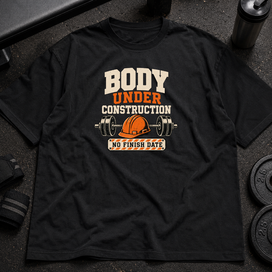 Body Under Construction Tee funny gym shirt with barbell and hard hat design