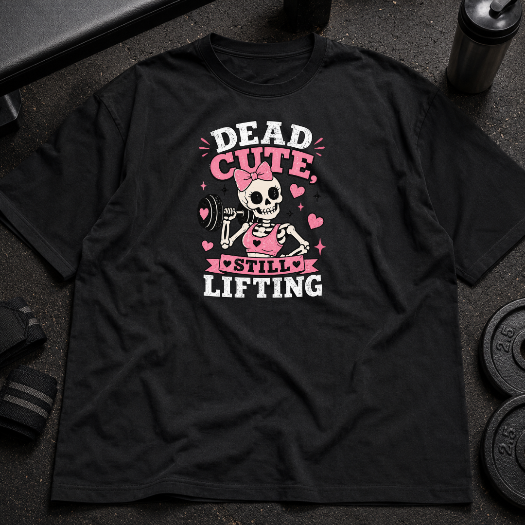 Dead Cute Still Lifting Tee cute spooky gym shirt with skeleton design