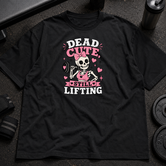 Dead Cute Still Lifting Tee cute spooky gym shirt with skeleton design