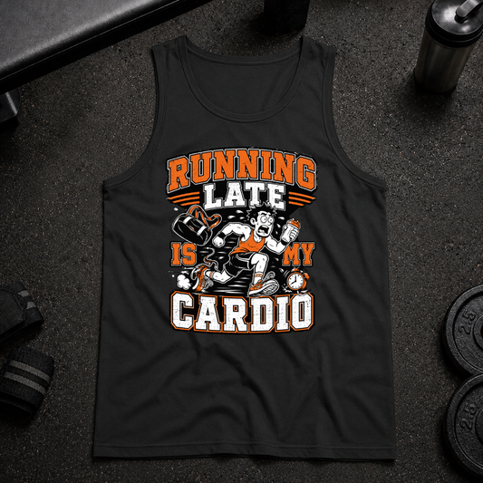 Running Late Is My Cardio Tank funny gym tank for cardio avoiders