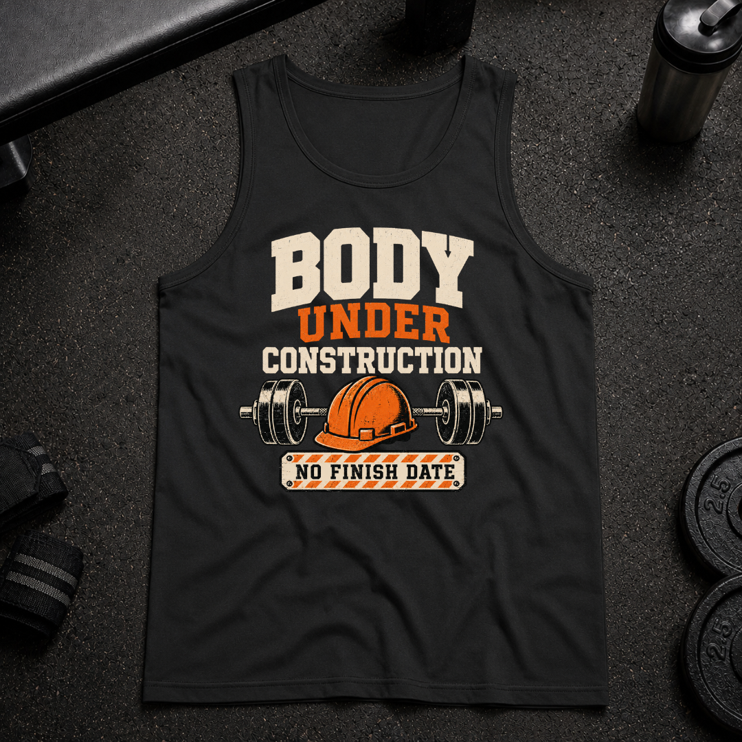 Body Under Construction Tank funny gym tank with barbell and hard hat design