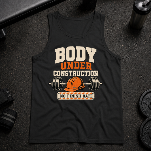 Body Under Construction Tank funny gym tank with barbell and hard hat design