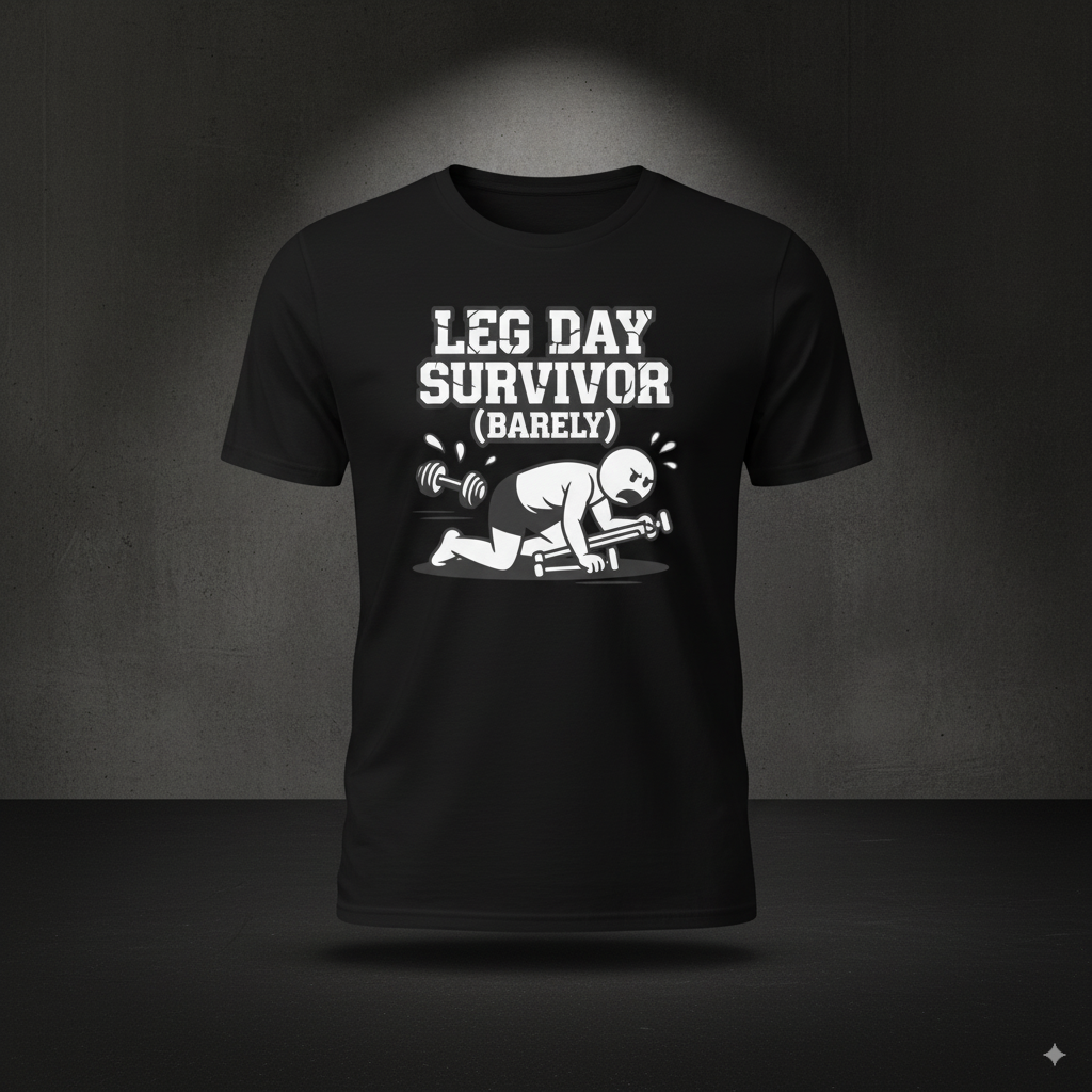 Black t-shirt with 'Leg Day Survivor (Barely)' graphic on a dark background