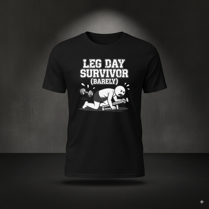 Black t-shirt with 'Leg Day Survivor (Barely)' graphic on a dark background