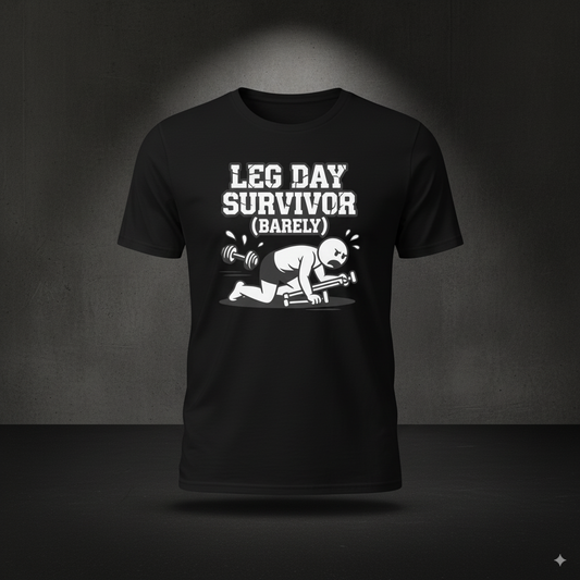 Black t-shirt with 'Leg Day Survivor (Barely)' graphic on a dark background