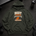 Body Under Construction Oversized Hoodie funny gym hoodie with barbell and hard hat design