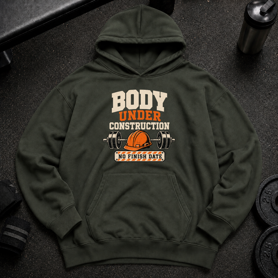 Body Under Construction Oversized Hoodie funny gym hoodie with barbell and hard hat design