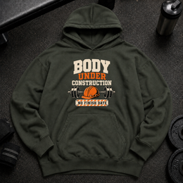 Body Under Construction Oversized Hoodie funny gym hoodie with barbell and hard hat design