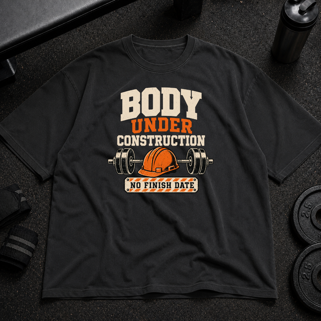 Body Under Construction Pump Cover funny oversized gym shirt with barbell and hard hat design