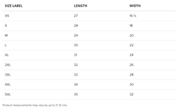 BC3001 Unisex Tee Size Guide