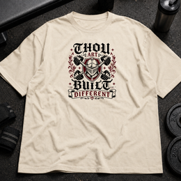 Thou Art Built Different Tee medieval gym shirt with armour and dumbbells