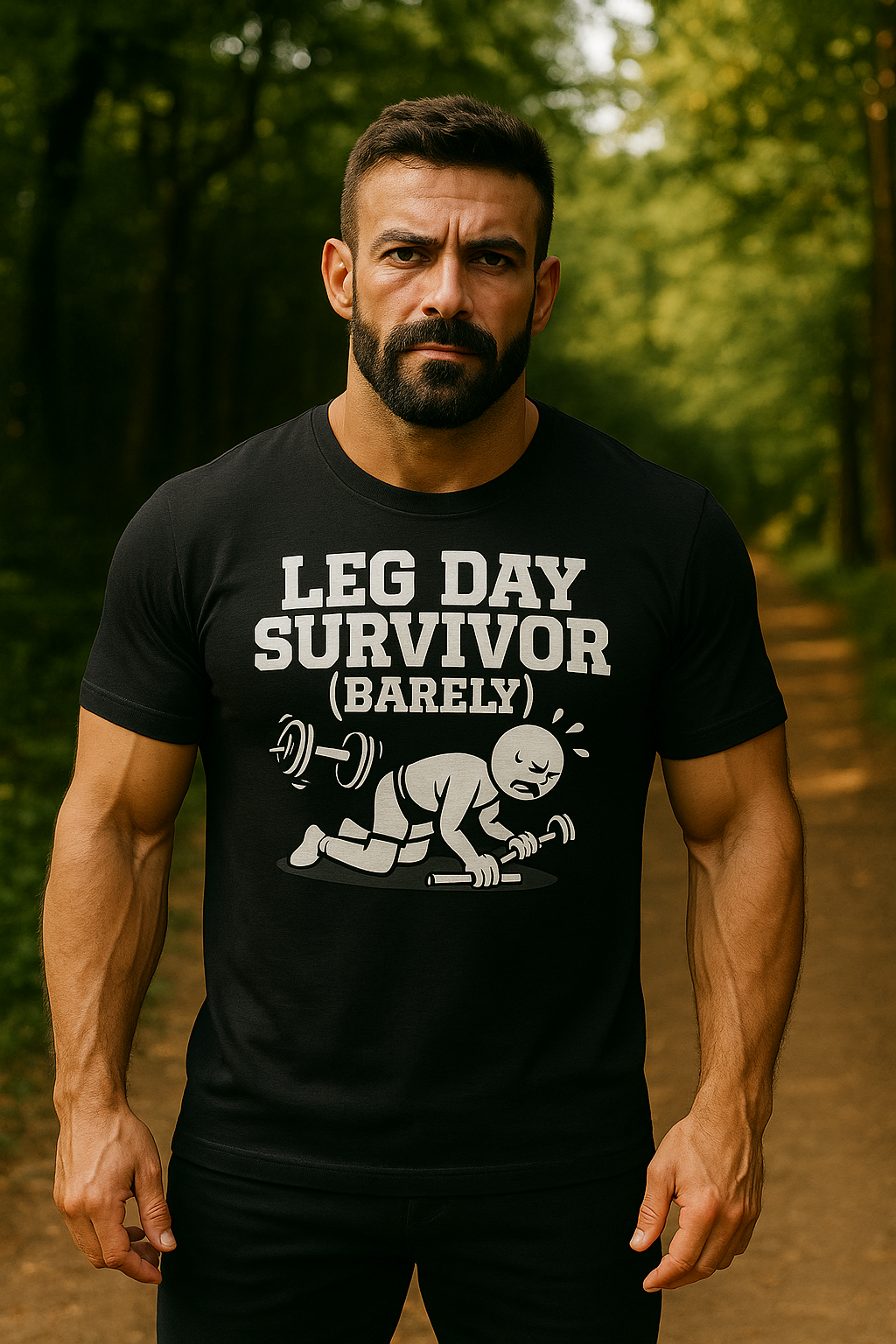 Man wearing a black t-shirt with 'Leg Day Survivor (Barely)' graphic in a forest setting