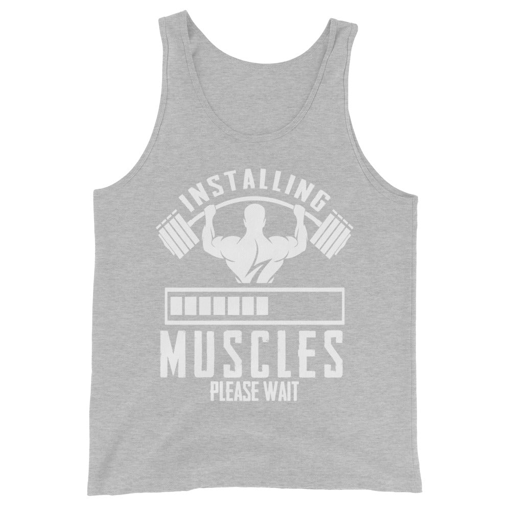 Installing Muscles funny gym tank top in athletic heather — I Gym Daily