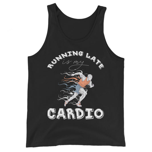 Running Late Is My Cardio funny gym tank top in black — I Gym Daily
