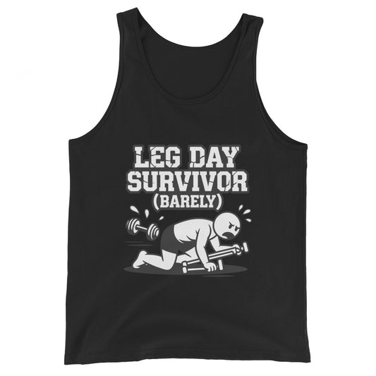 Leg Day Survivor funny gym tank top in black — I Gym Daily