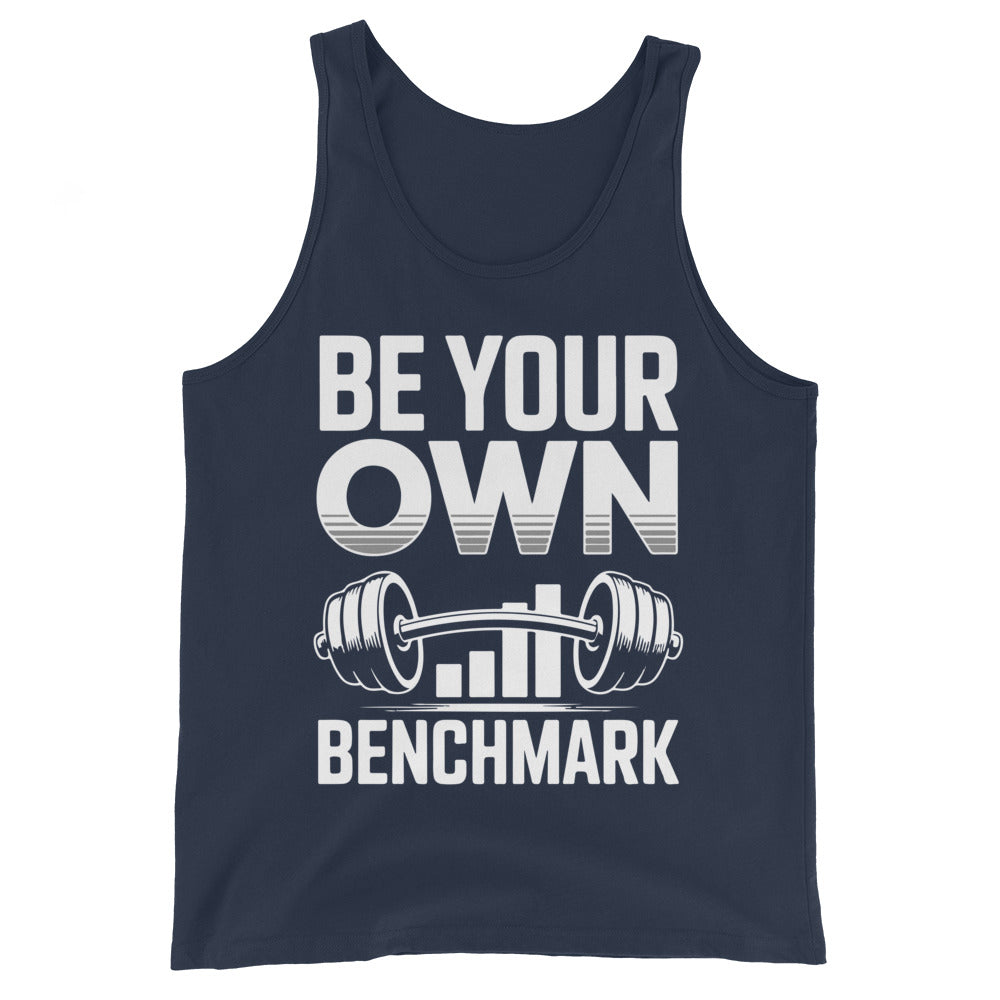 Be Your Own Benchmark motivational gym tank top in navy — I Gym Daily
