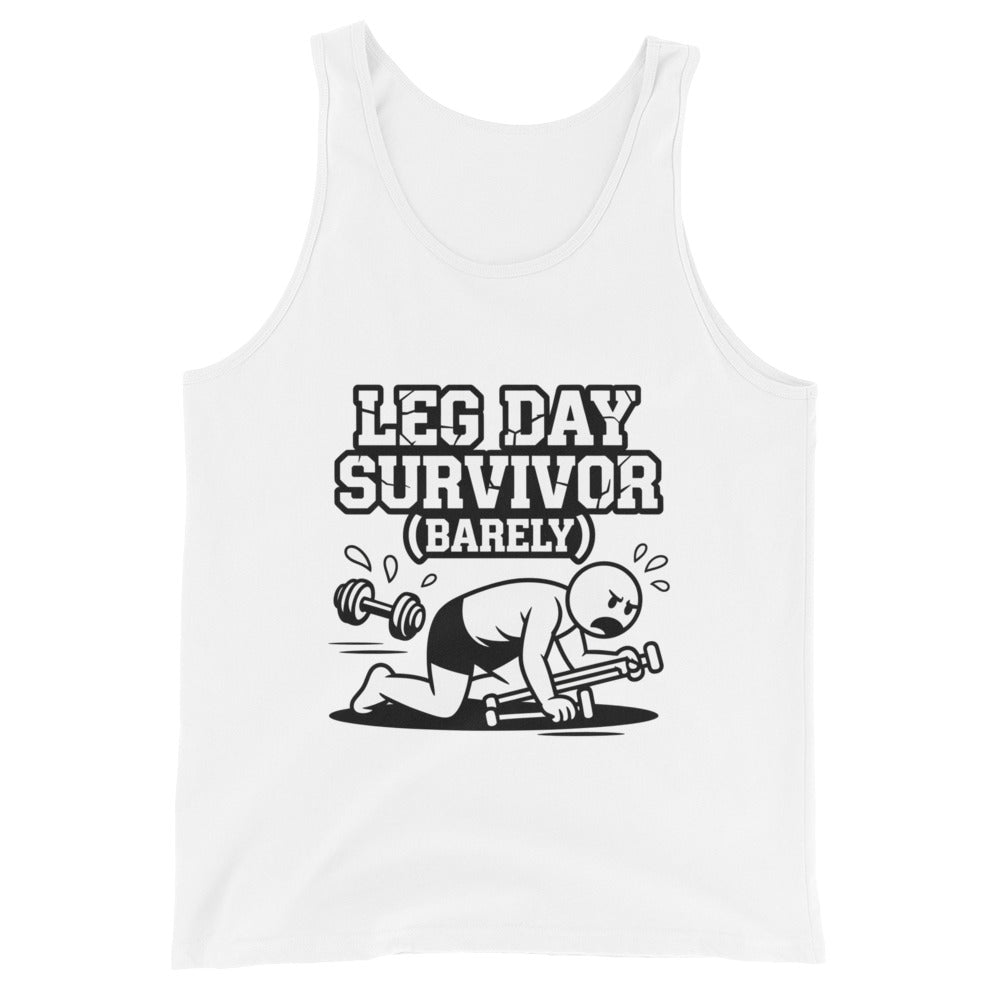 Leg Day Survivor funny gym tank top in white — I Gym Daily