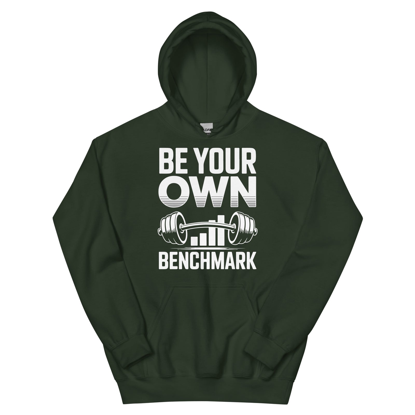 Be Your Own Benchmark motivational gym hoodie in forest green — I Gym Daily