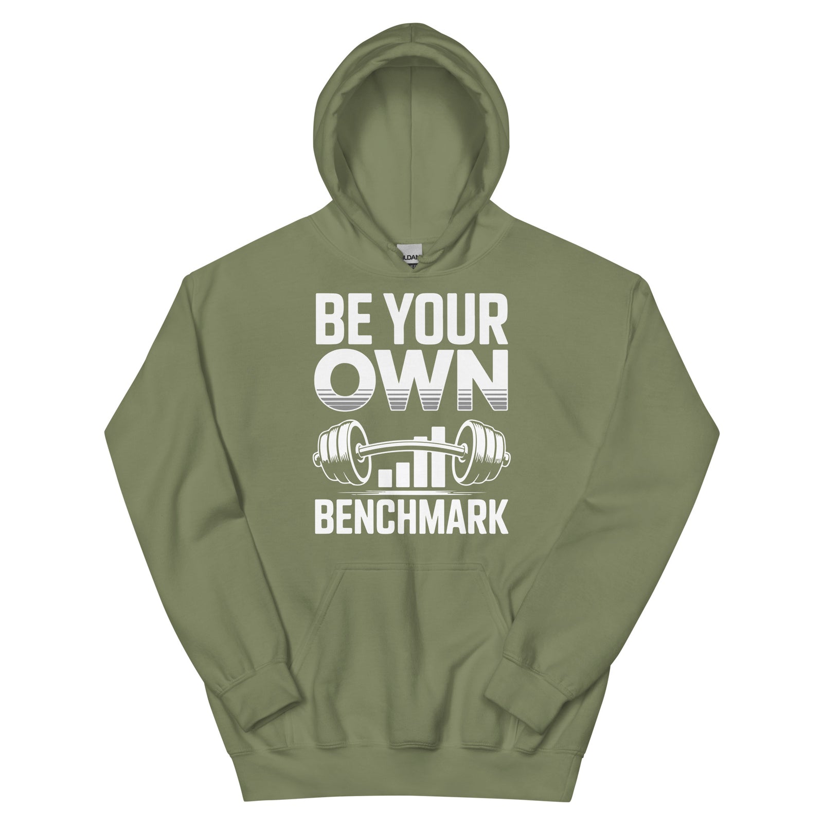 Be Your Own Benchmark motivational gym hoodie in military green — I Gym Daily
