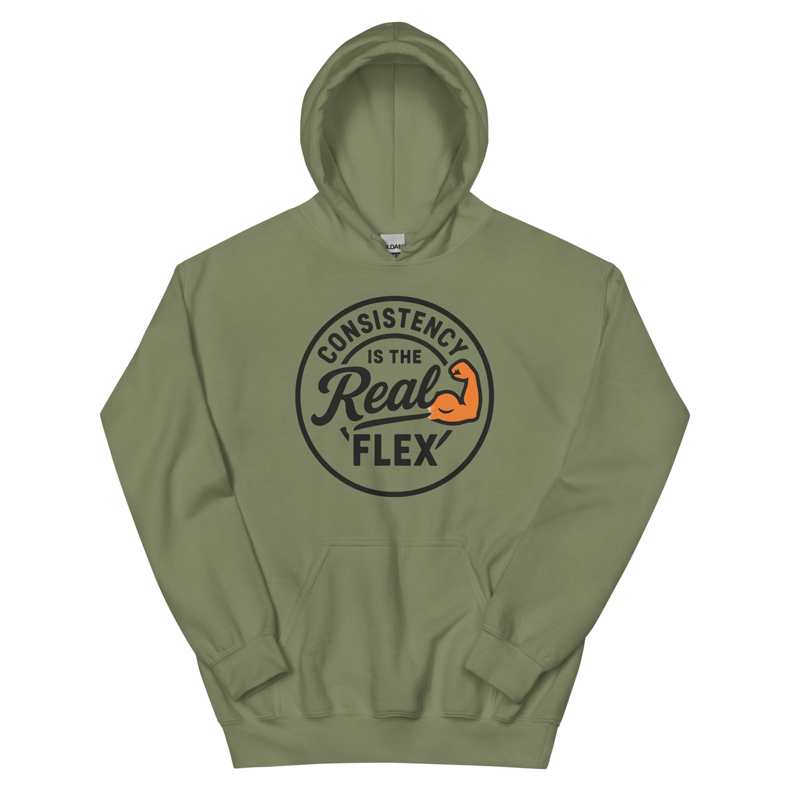 Consistency Is The Real Flex gym hoodie in military green — I Gym Daily