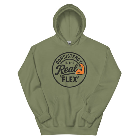 Consistency Is The Real Flex gym hoodie in military green — I Gym Daily
