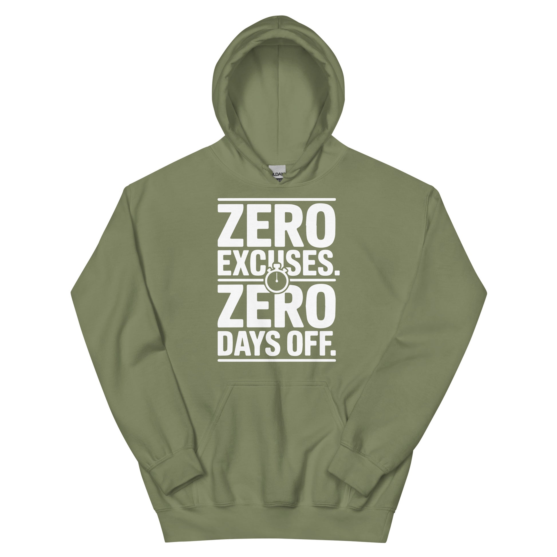 No Excuses No Days Off motivational gym hoodie in military green — I Gym Daily