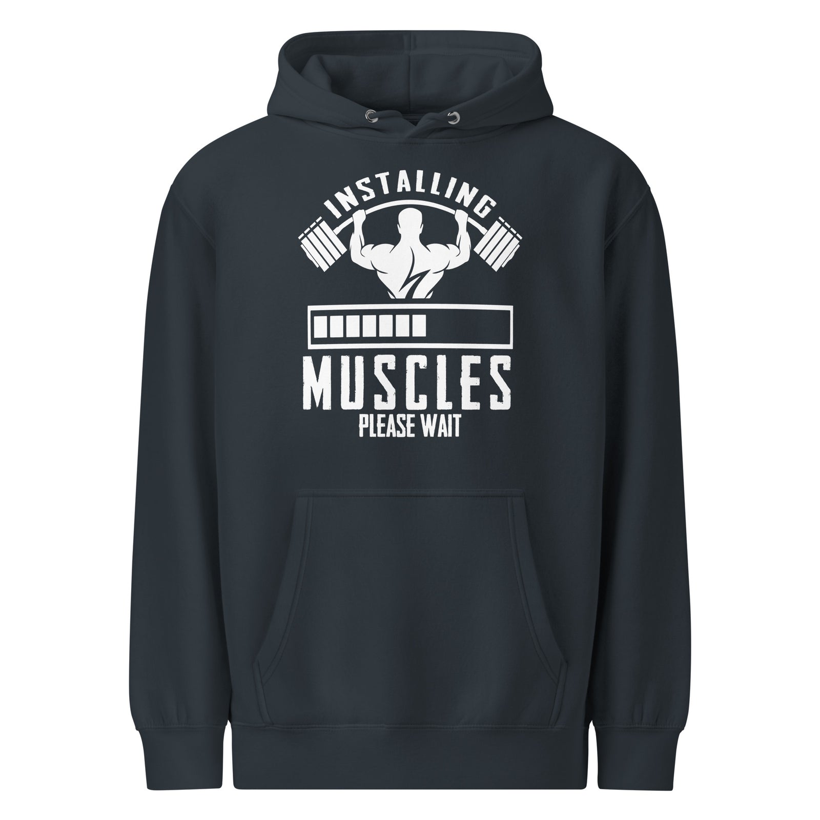 Installing Muscles funny gym hoodie in navy — I Gym Daily