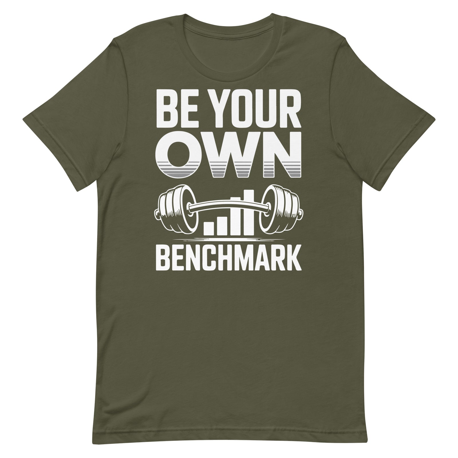 Be Your Own Benchmark motivational gym t-shirt in military green — I Gym Daily