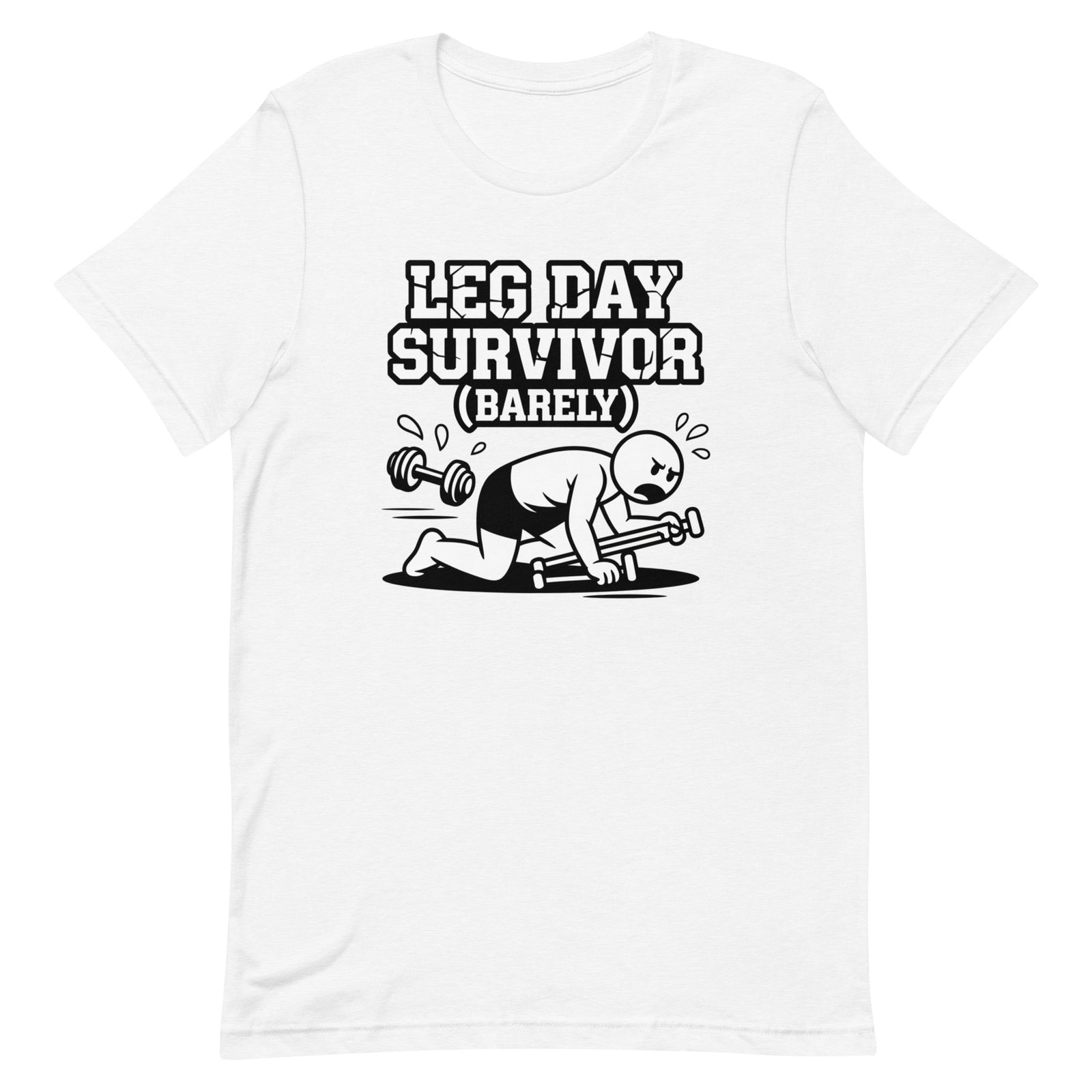 Leg Day Survivor funny gym shirt in white — I Gym Daily