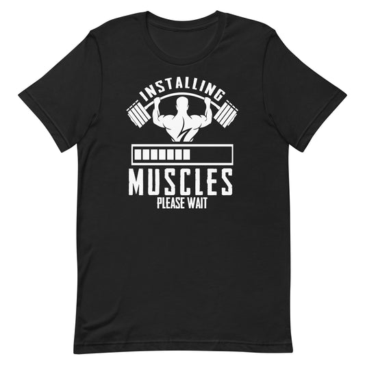 Installing Muscles funny gym t-shirt in black — I Gym Daily