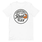 Consistency Is The Real Flex motivational gym t-shirt in white — I Gym Daily