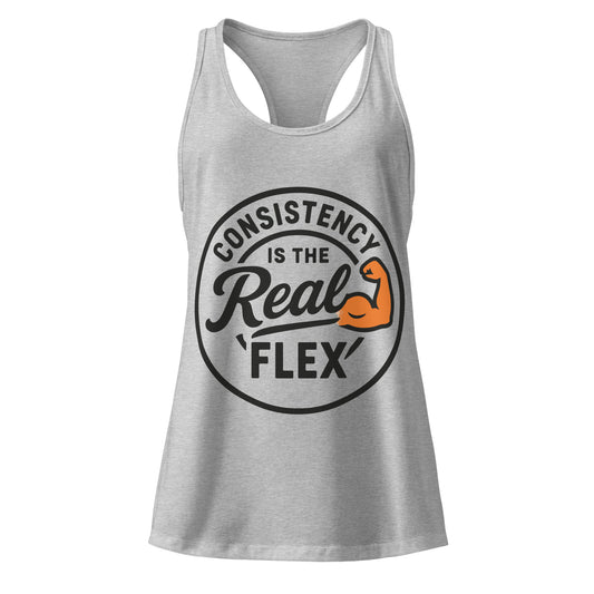 Consistency Is The Real Flex women's racerback gym tank in heather gray — I Gym Daily