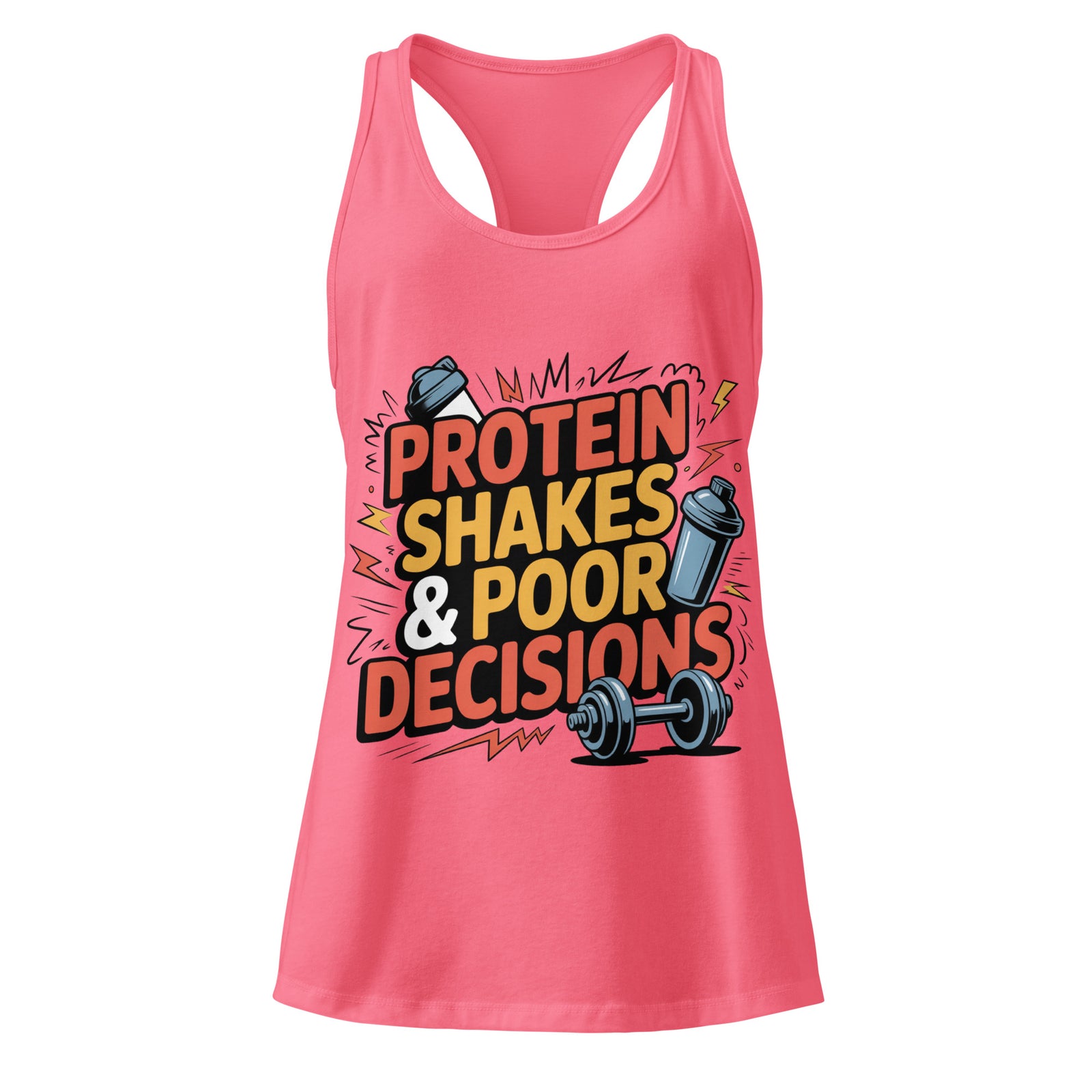 Protein Shakes and Poor Decisions women's racerback gym tank in hot pink — I Gym Daily